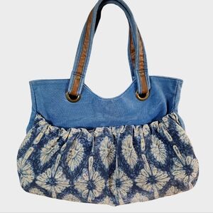 Satchel Amy Butler-like Josephine with Blue Hues of Chambray, Tan & Leather